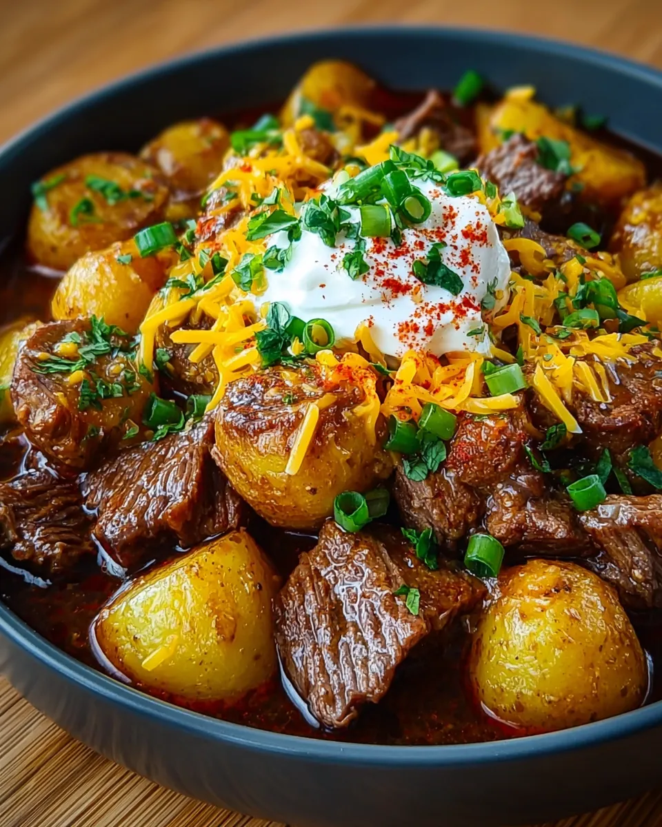 A bowl of steak and potatoes.