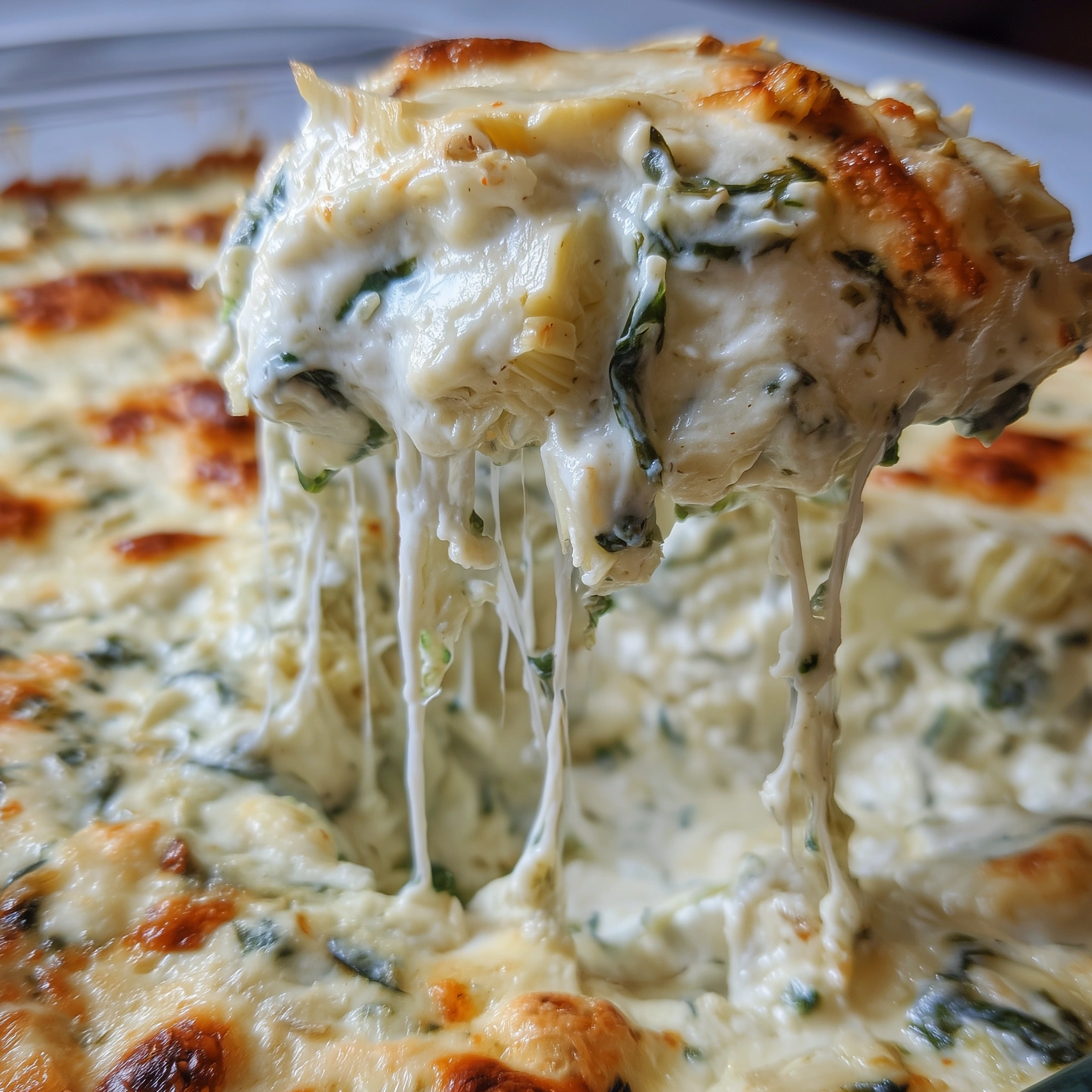 A fork is stuck in a spinach artichoke dip.
