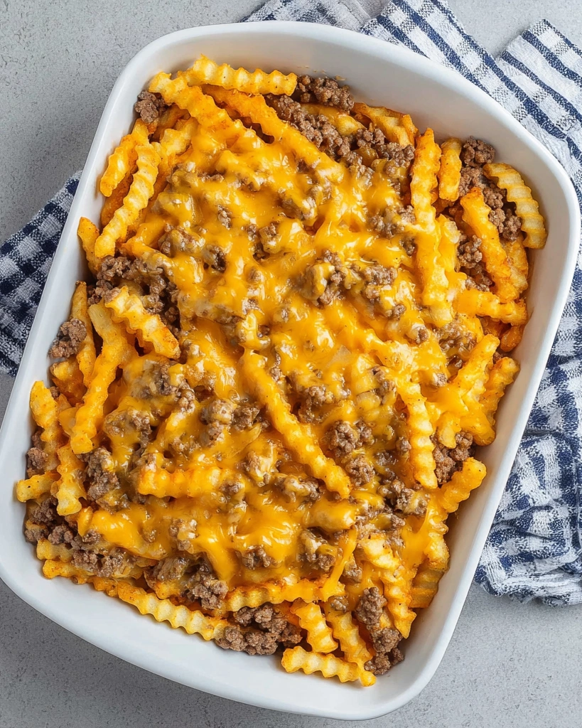 A white bowl filled with a delicious French Fry Casserole Bake.