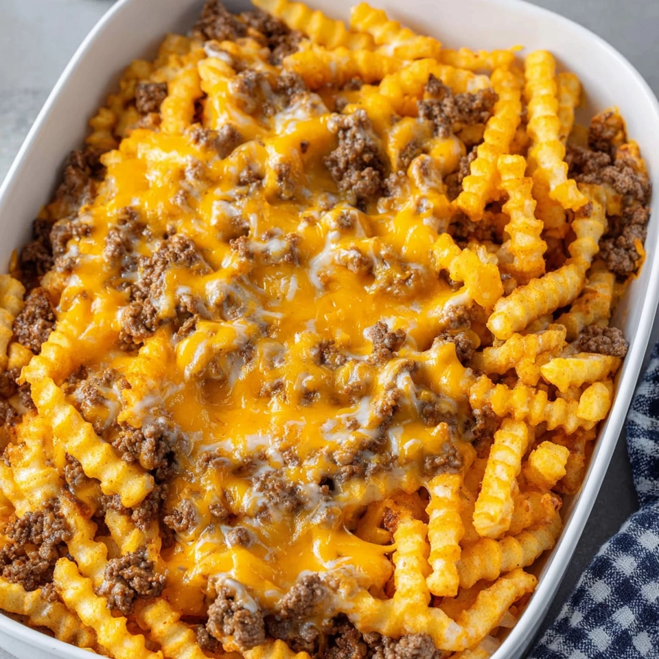 A bowl of French fry casserole bake with cheese and meat.