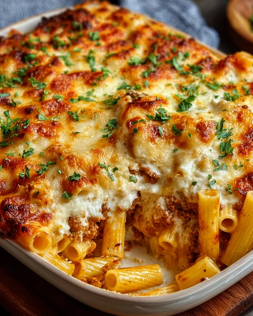 A baked ziti dish with ground beef and ricotta.