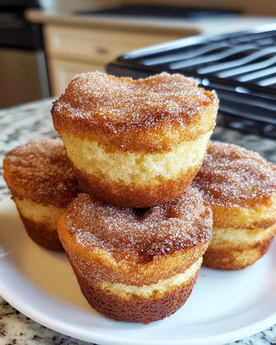 Three cinnamon sugar French toast muffins stacked on a plate.