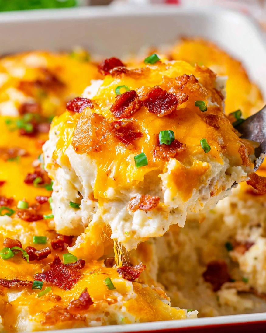 A close up of a casserole with bacon and cheese.