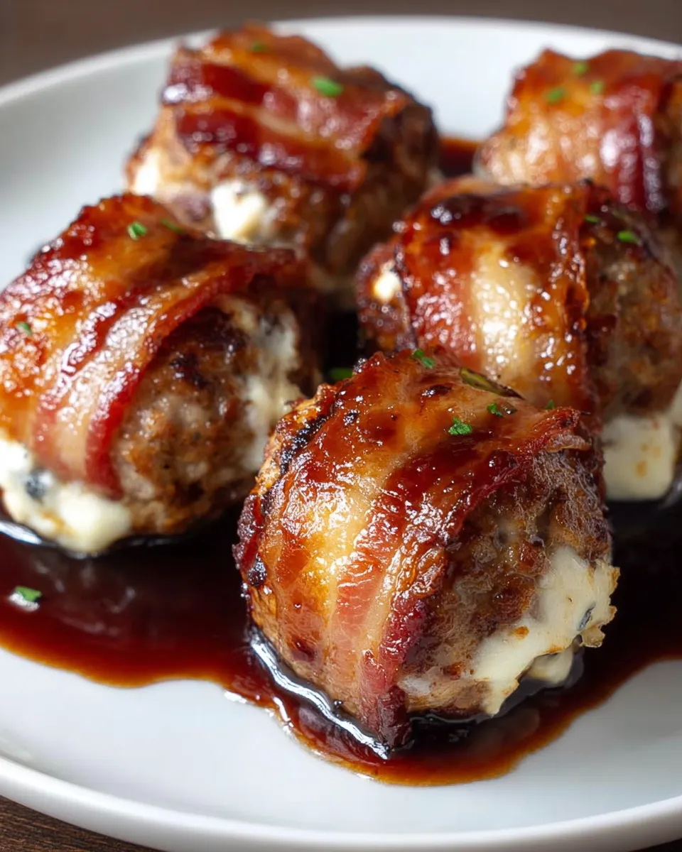 Bacon wrapped meatballs with cheese and bacon.