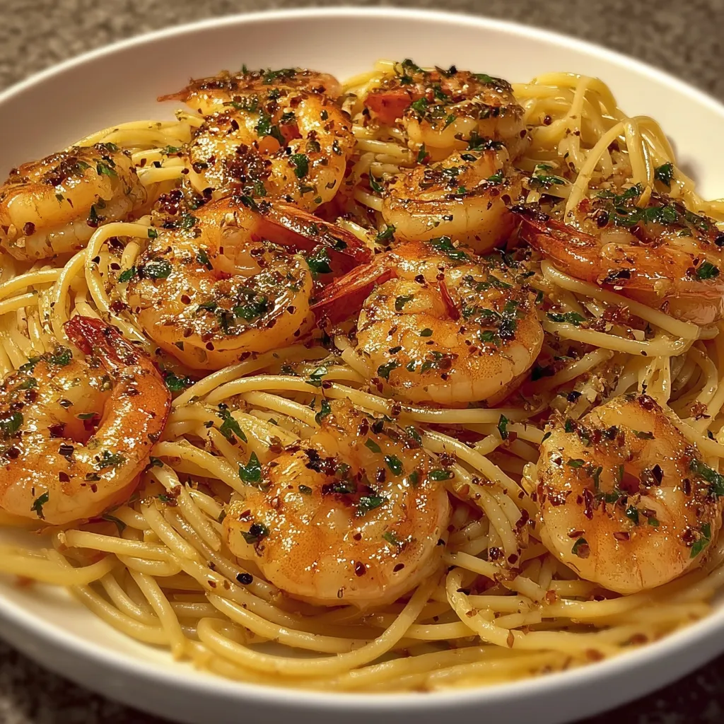 A bowl of garlic shrimp pasta butter.