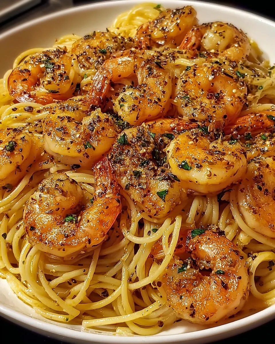 A bowl of shrimp and pasta with garlic and butter.