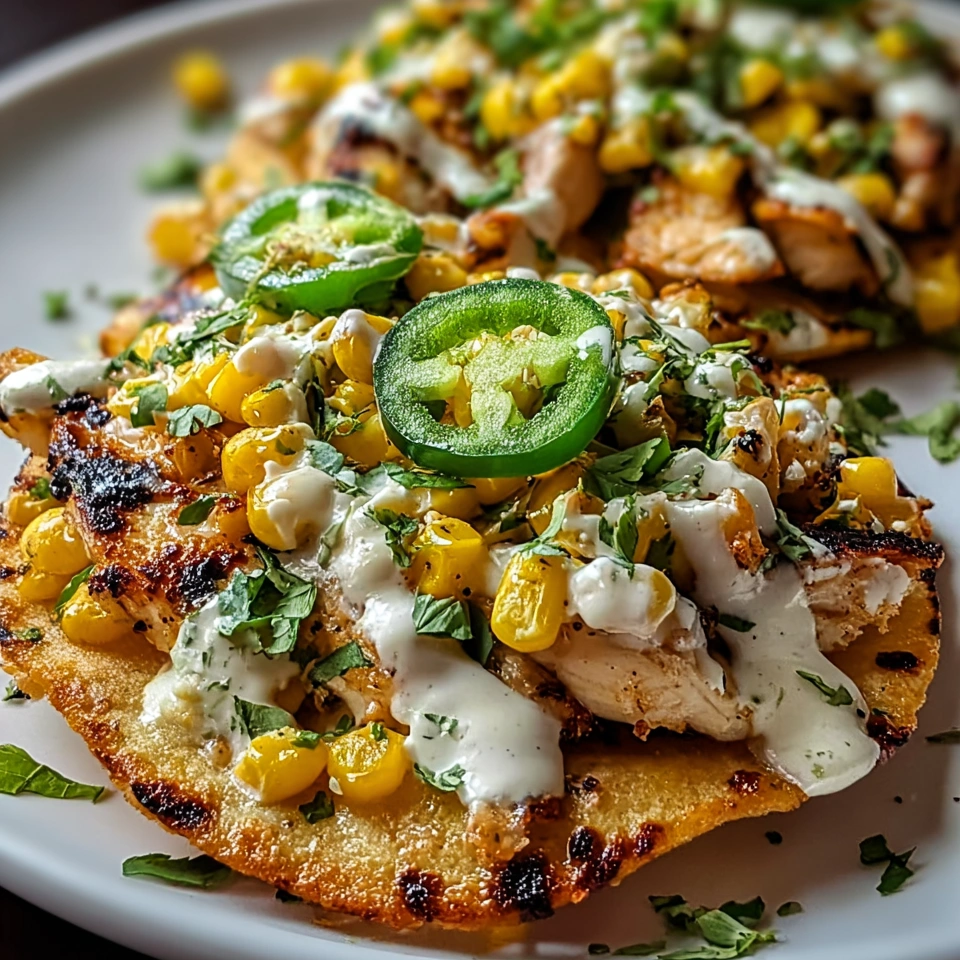 A plate of food with a tostada, chicken, and cilantro lime cream.