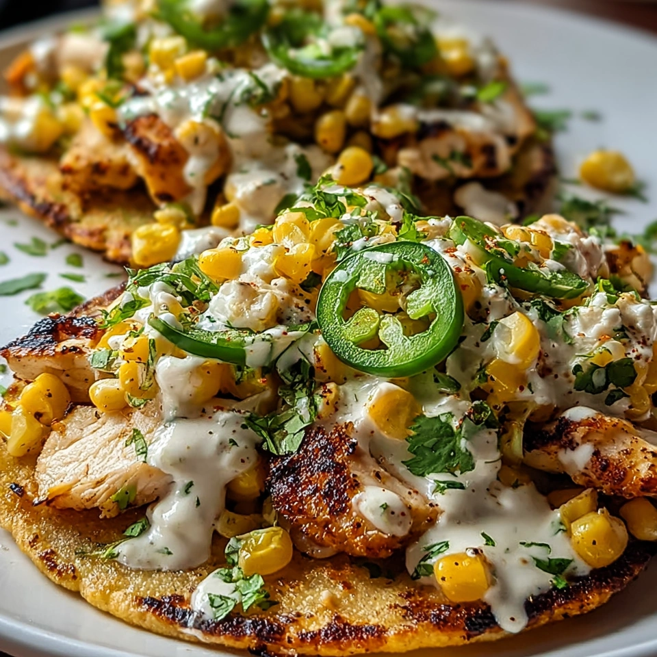 A delicious street corn chicken tostada melts with cilantro lime cream.