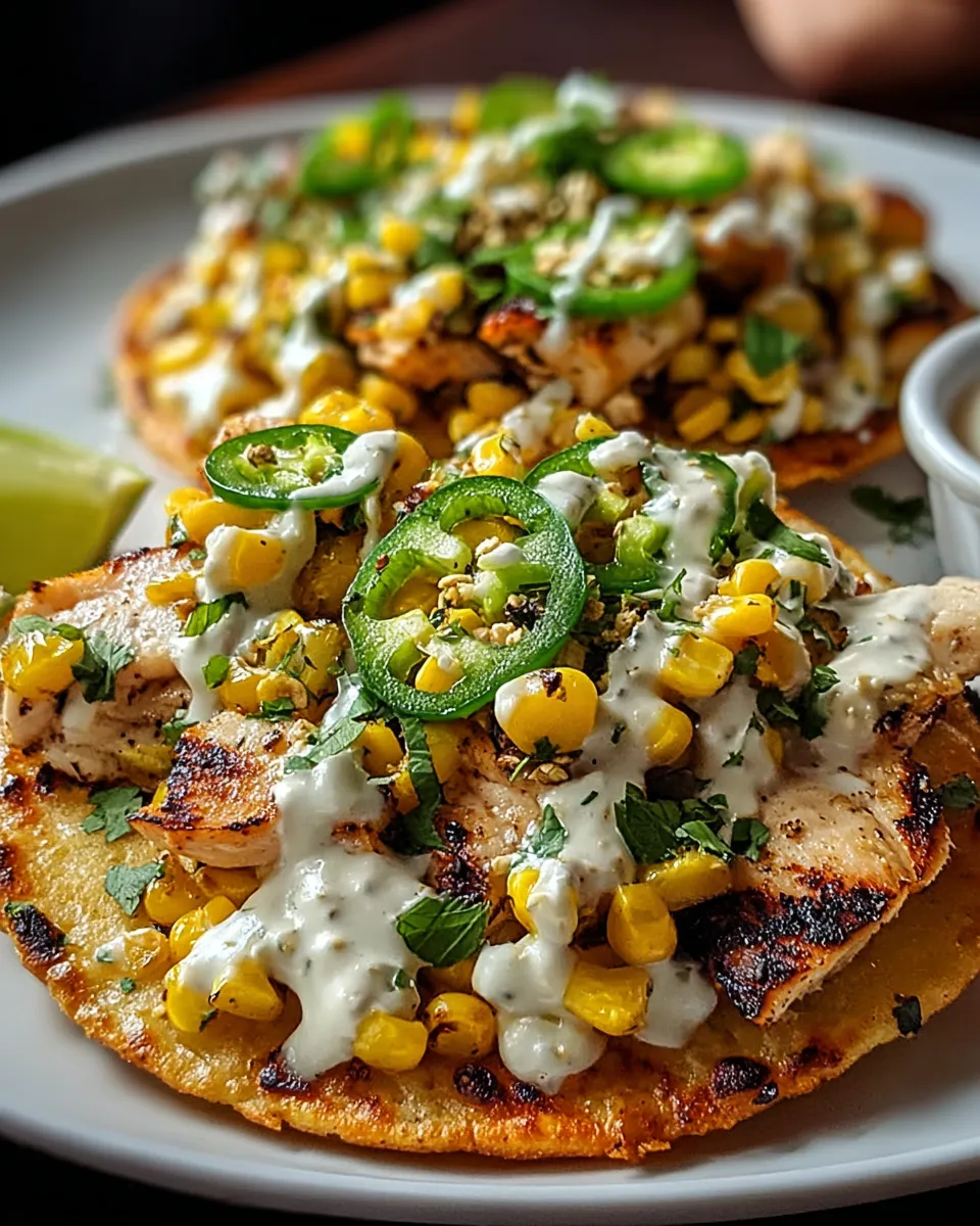 A delicious street corn chicken tostada melts with cilantro lime cream.
