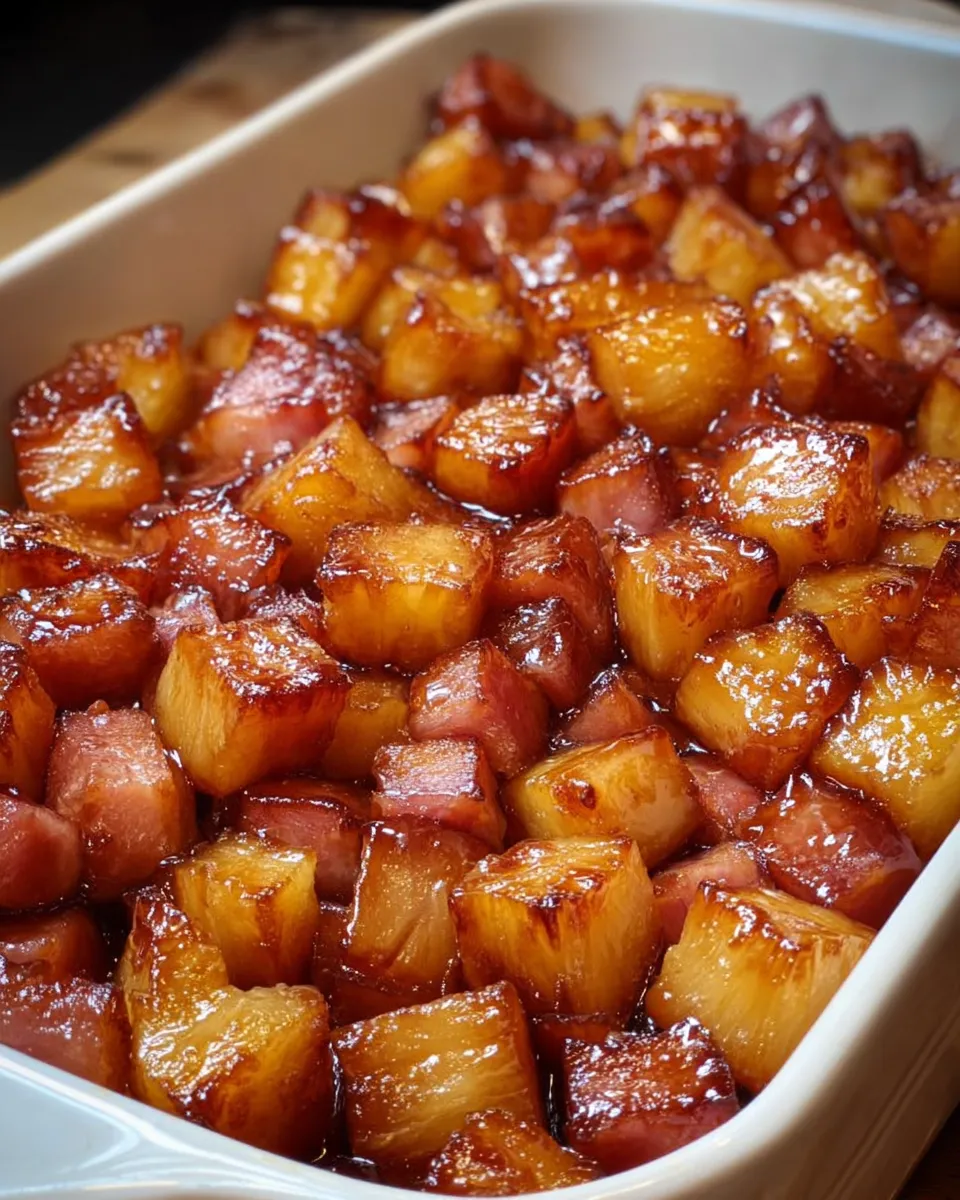 A dish of ham and pineapple.