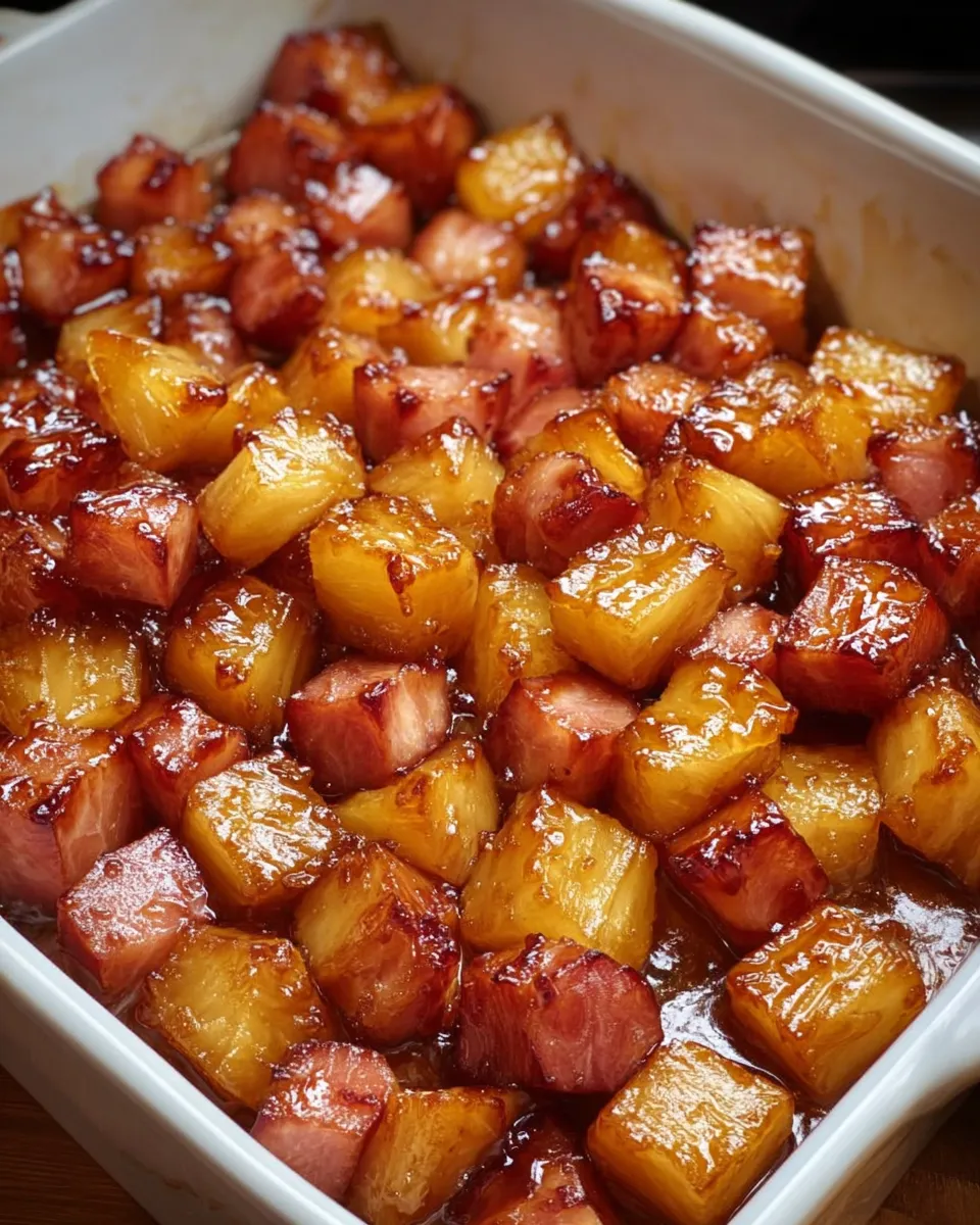 A dish of ham and pineapple in a brown sugar sauce.