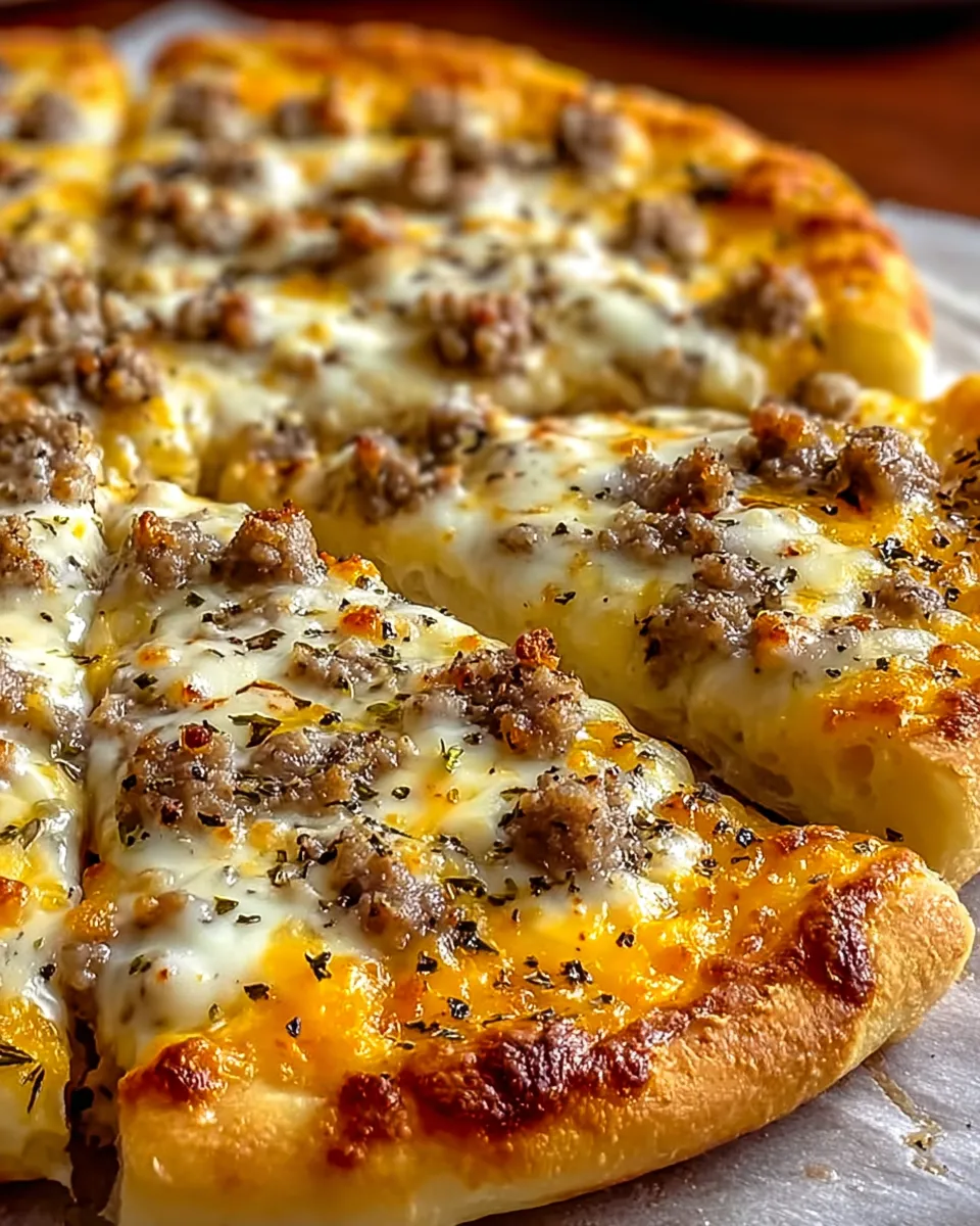 A pizza with sausage and cheese on top.