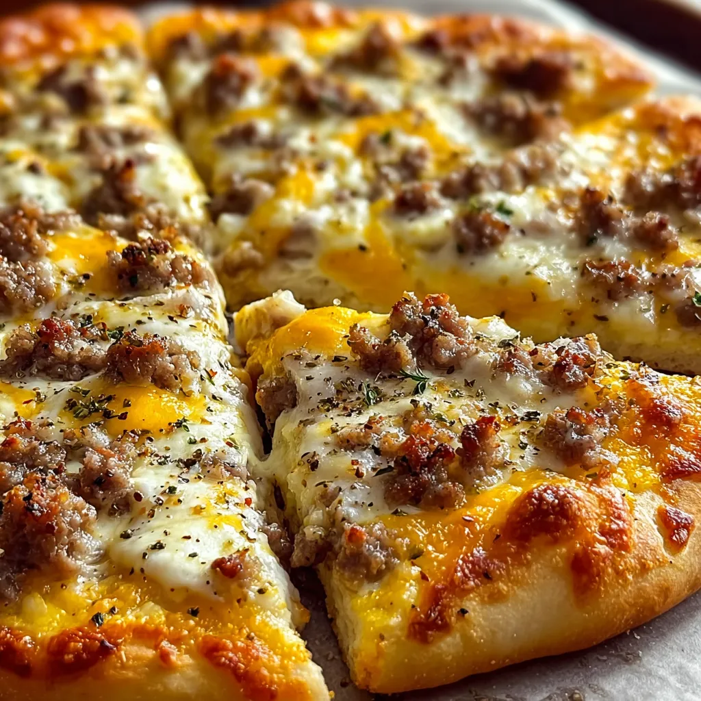 A slice of biscuits and sausage gravy breakfast pizza.