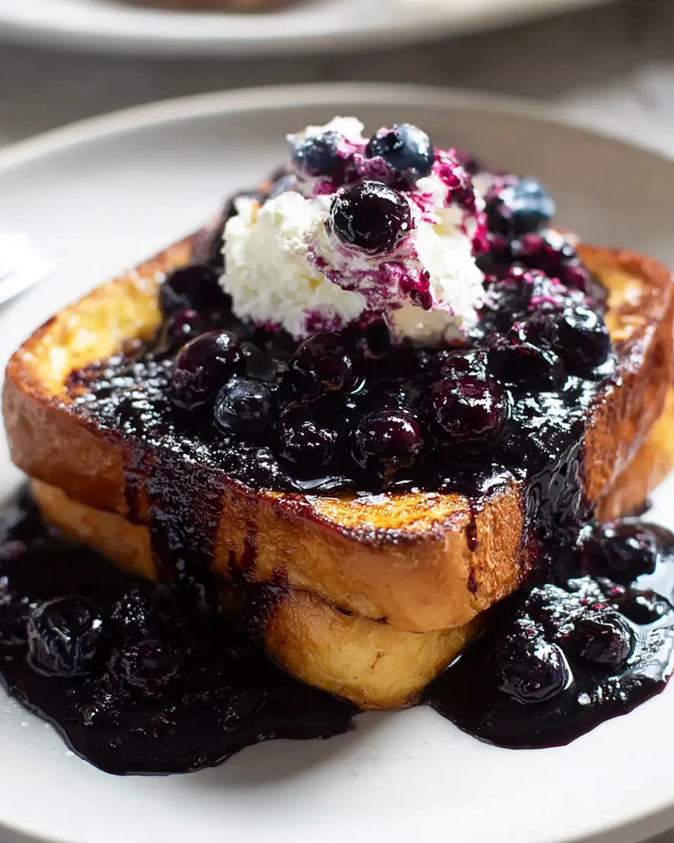 A plate of French toast with blueberries and whipped cream.
