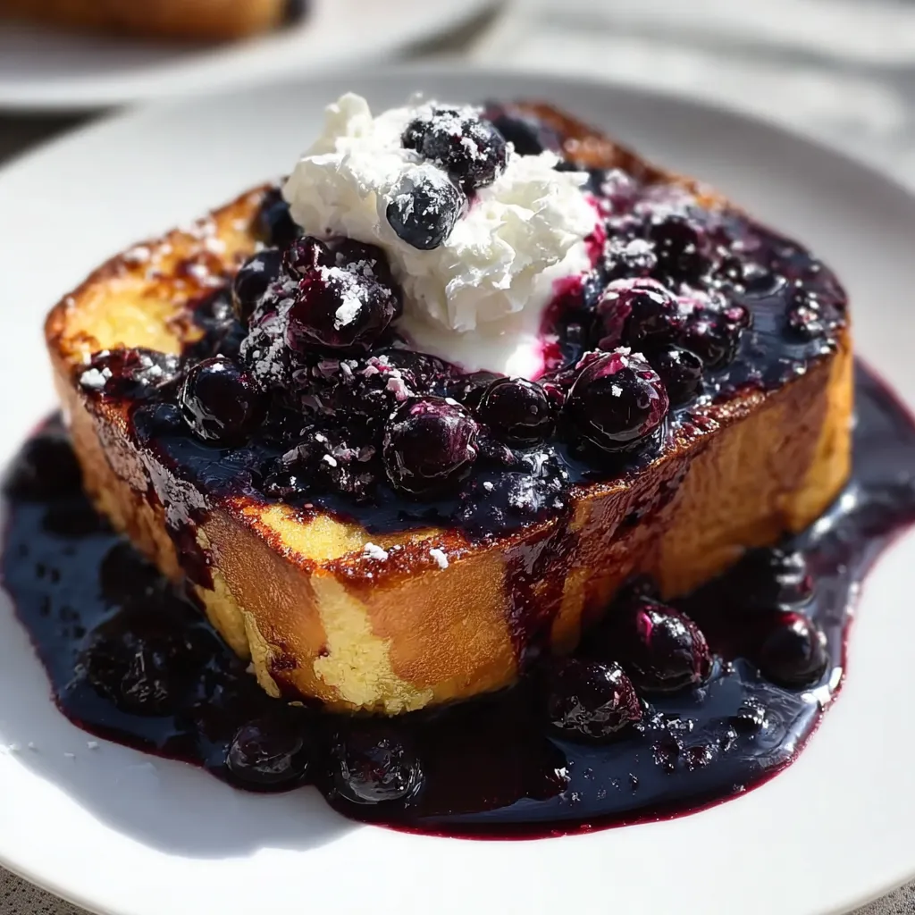 A plate of French toast with blueberries and whipped cream.