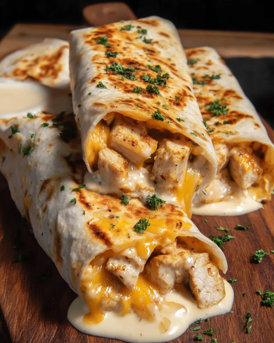 A cheesy garlic chicken wrap on a wooden table.