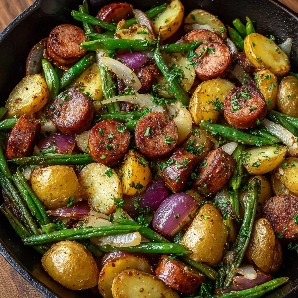 A dish of sausage and green beans.