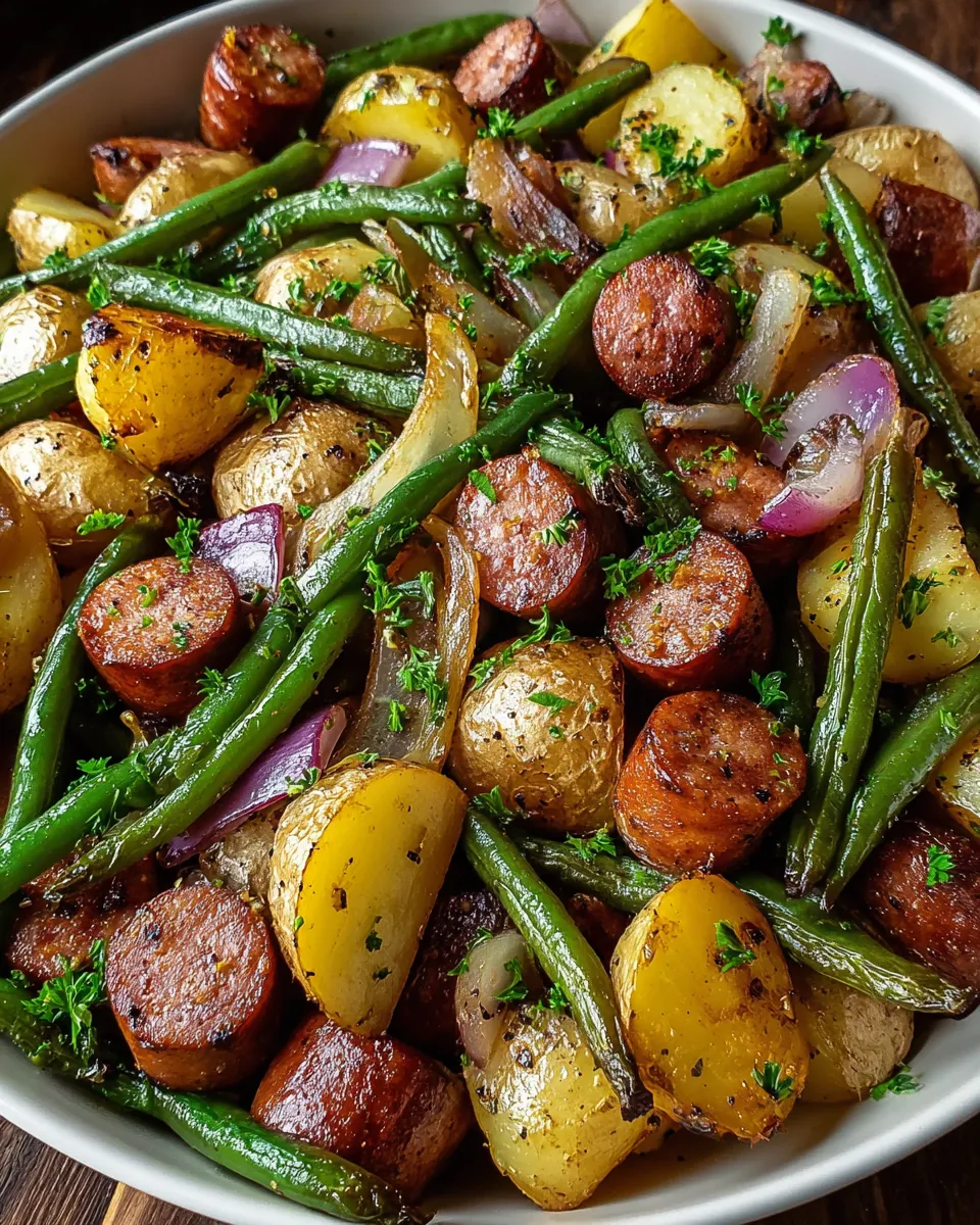 A bowl of sausage and green beans.