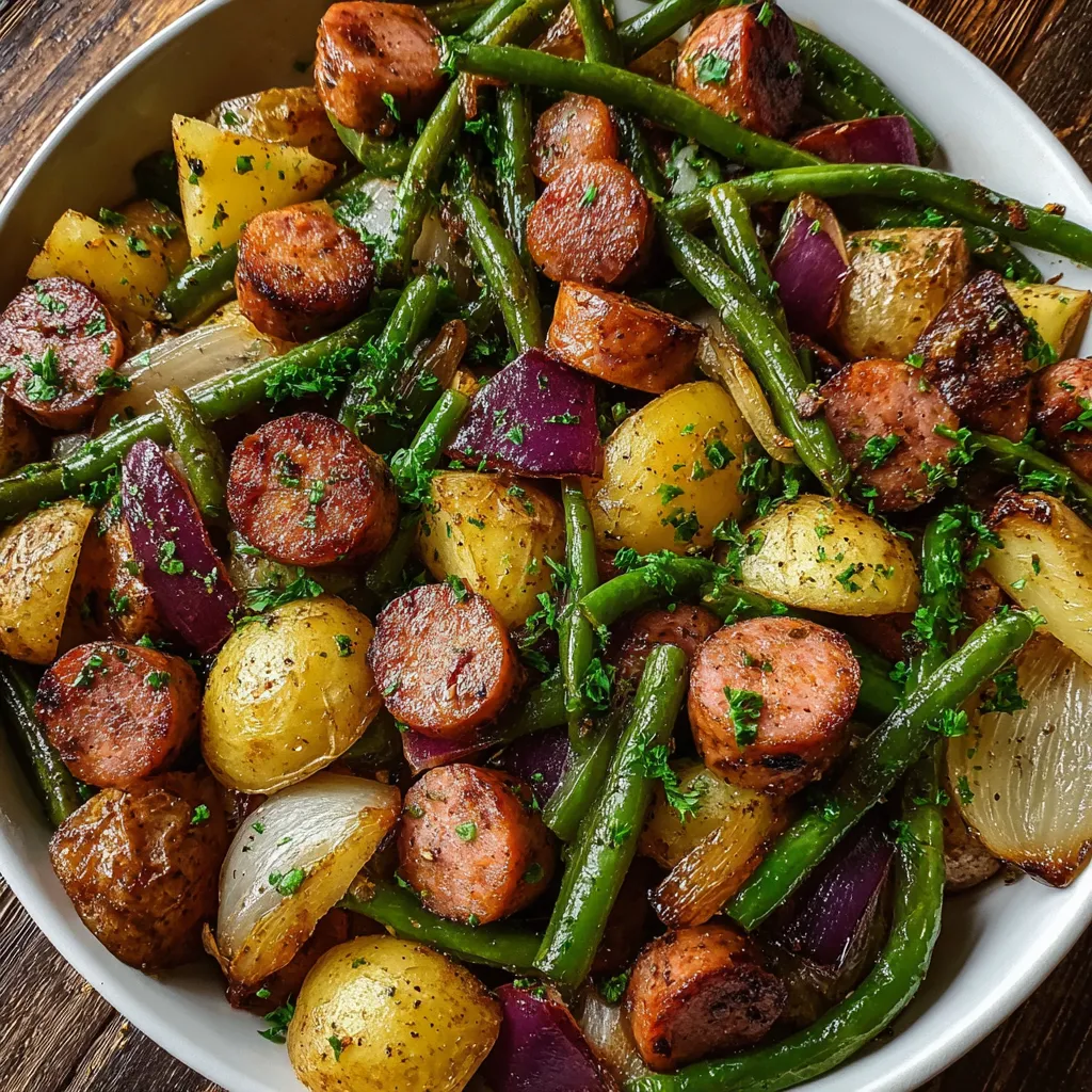 A bowl of sausage and green beans.