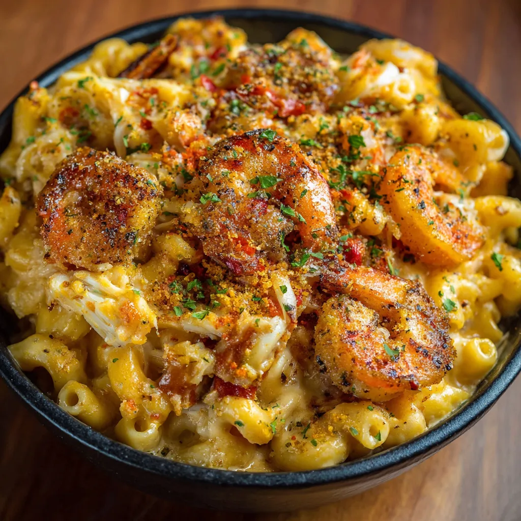 A bowl of Cajun Shrimp and Crab Mac and Cheese.