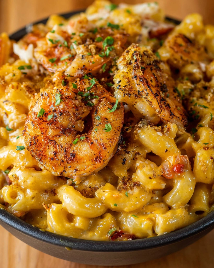A bowl of Cajun Shrimp and Crab Mac and Cheese.