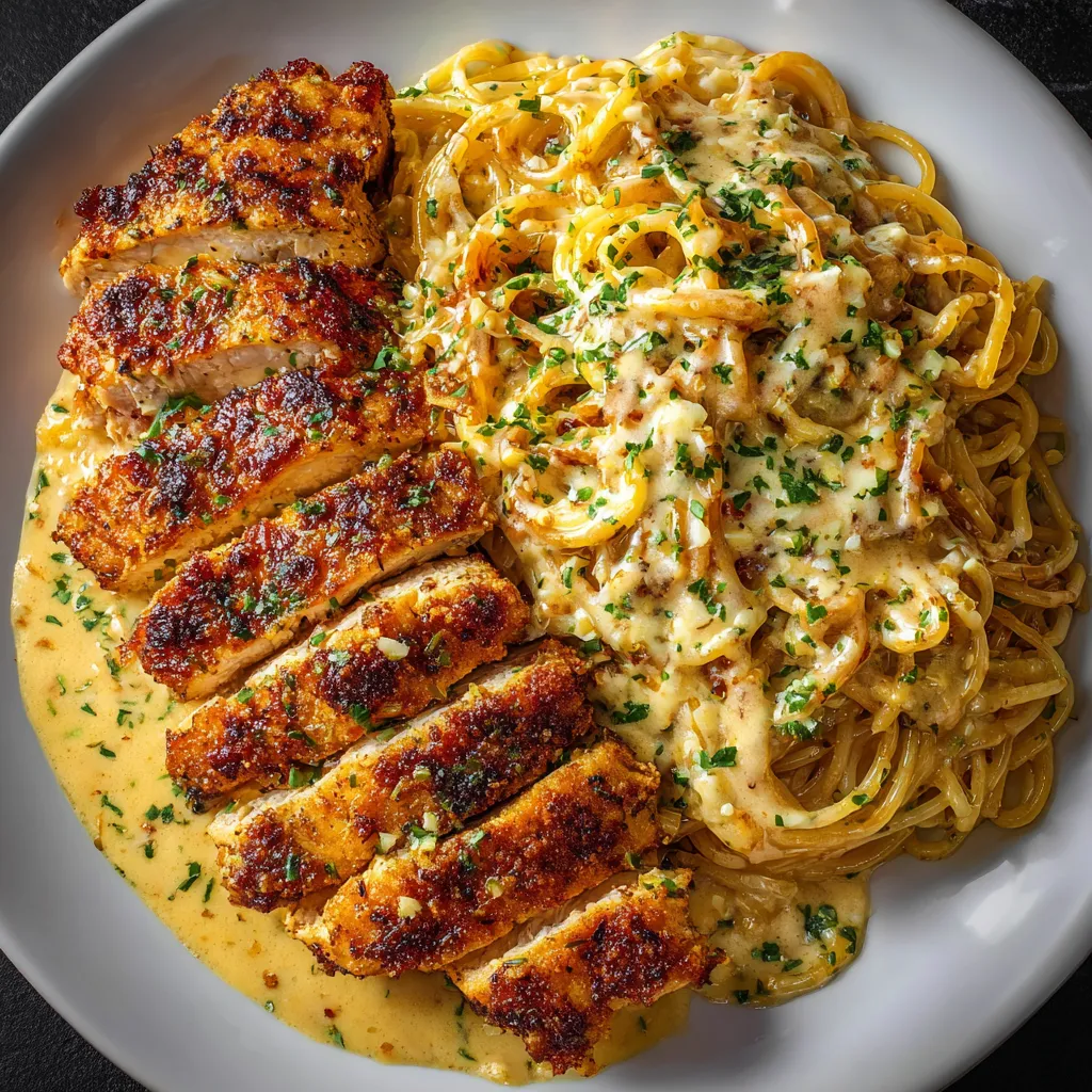 A plate of food with chicken, spaghetti, and garlic.