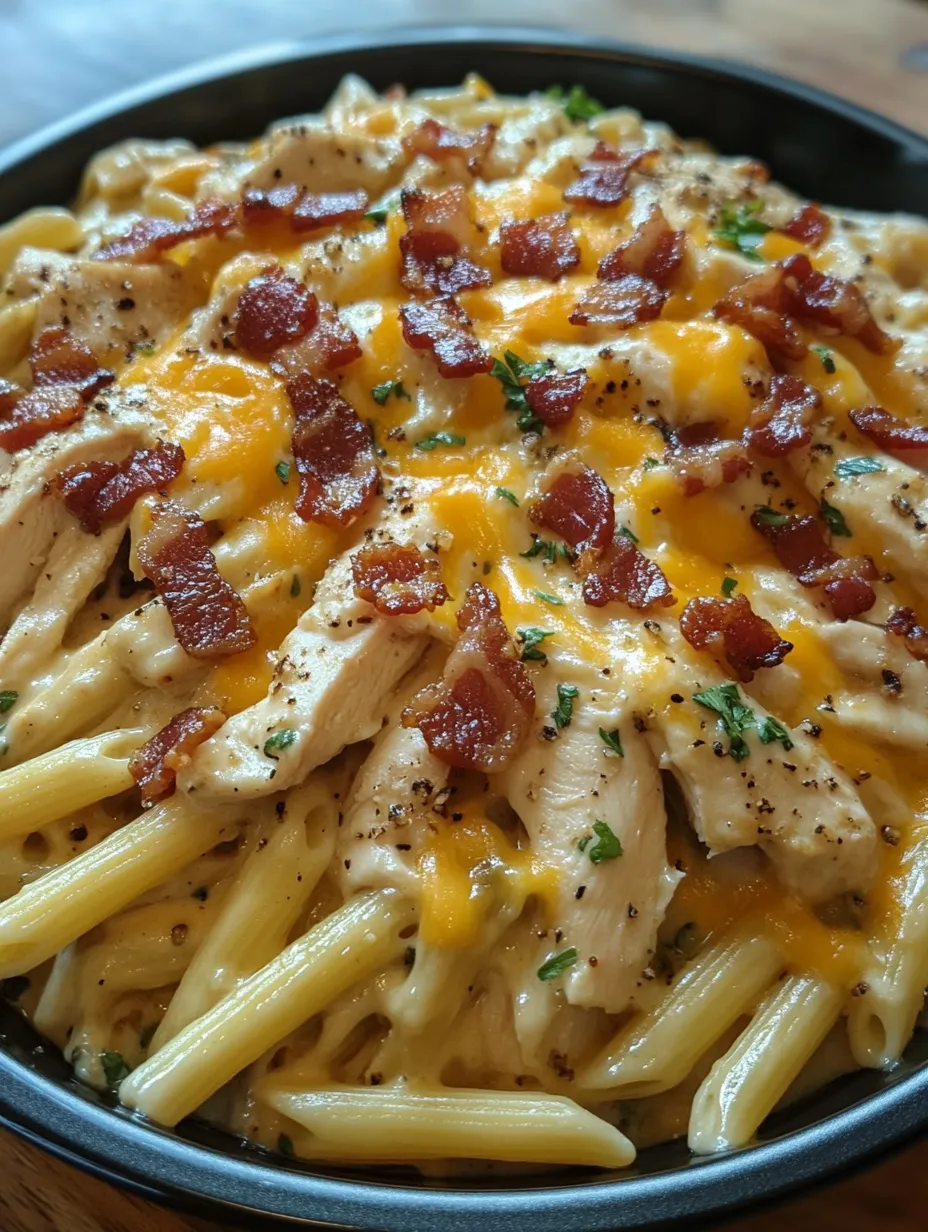 A bowl of chicken bacon ranch pasta.