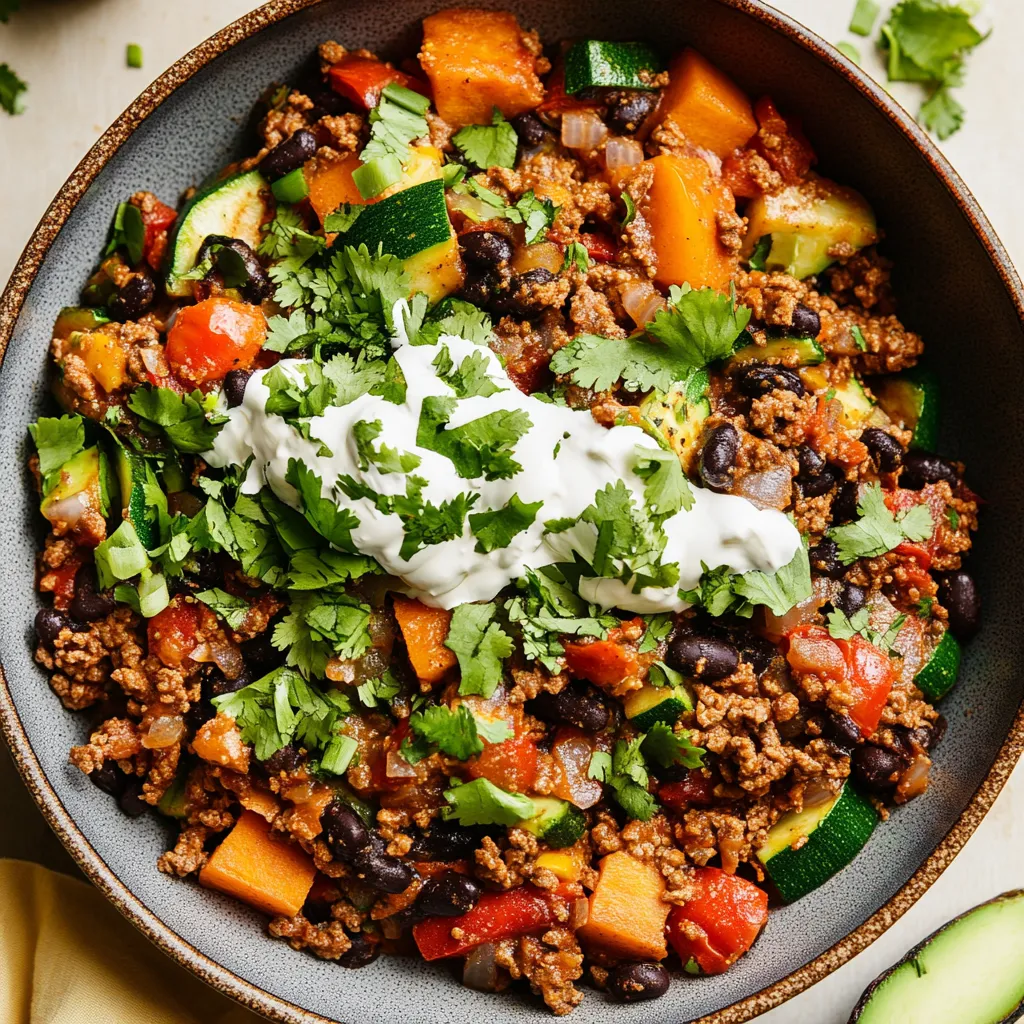 A skillet filled with ground beef and zucchini.