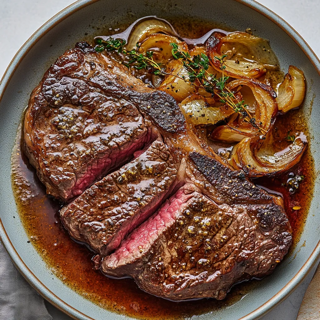 A thick cut steak with onions and herbs.