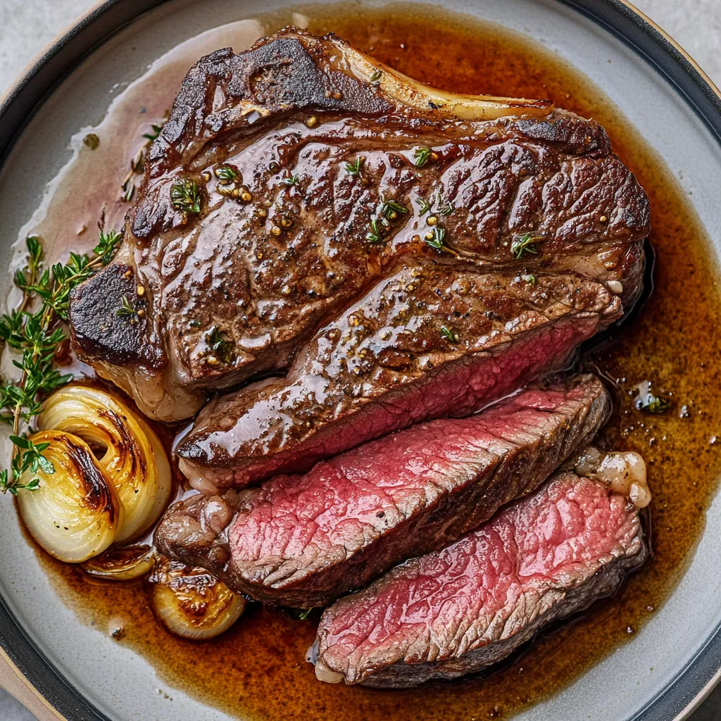 A thick cut steak with a brown sauce.