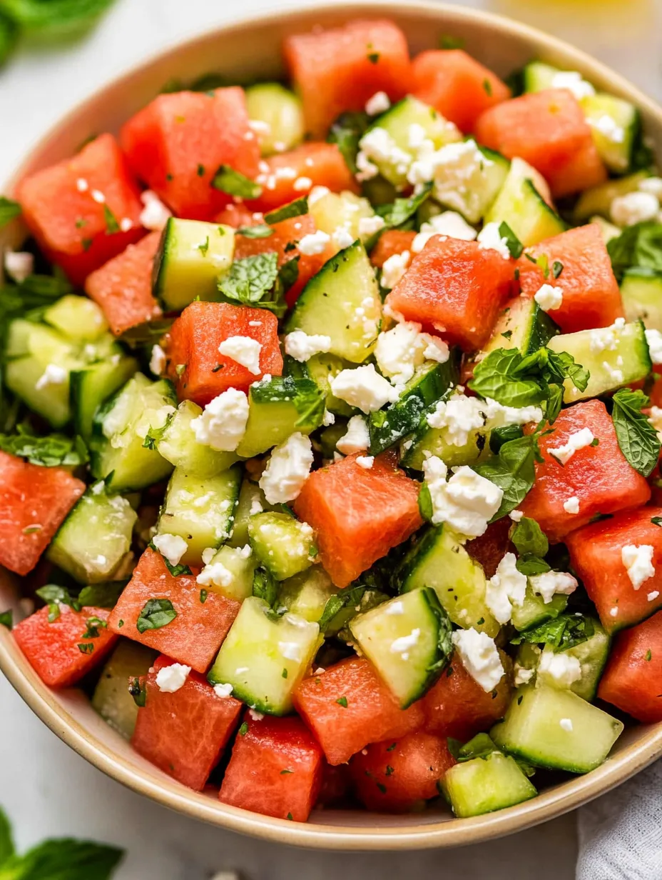 A bowl of watermelon, feta, cucumber, and mint.