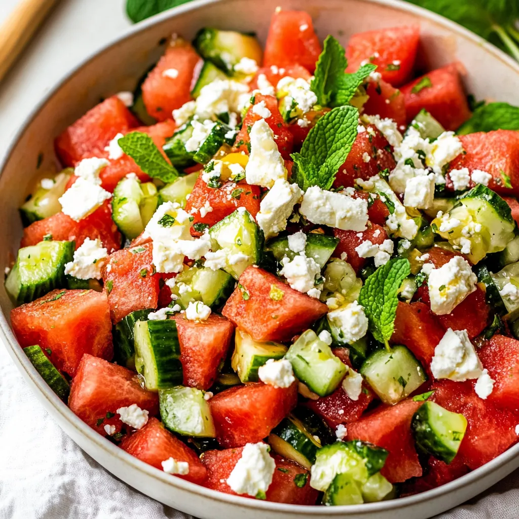 A bowl of watermelon, cucumber, and mint salad.