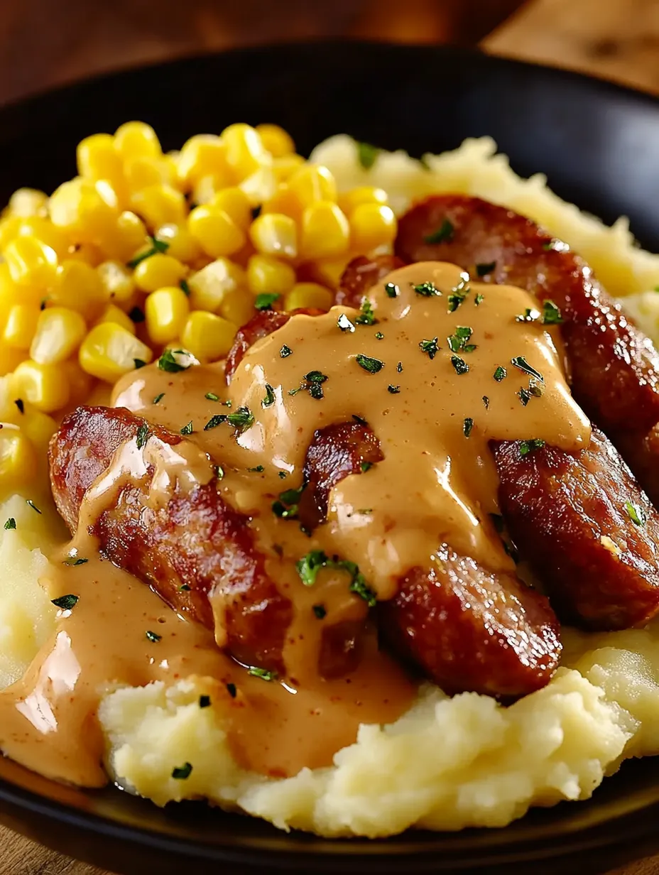A plate of mashed potatoes, sausage, corn, and cheese.