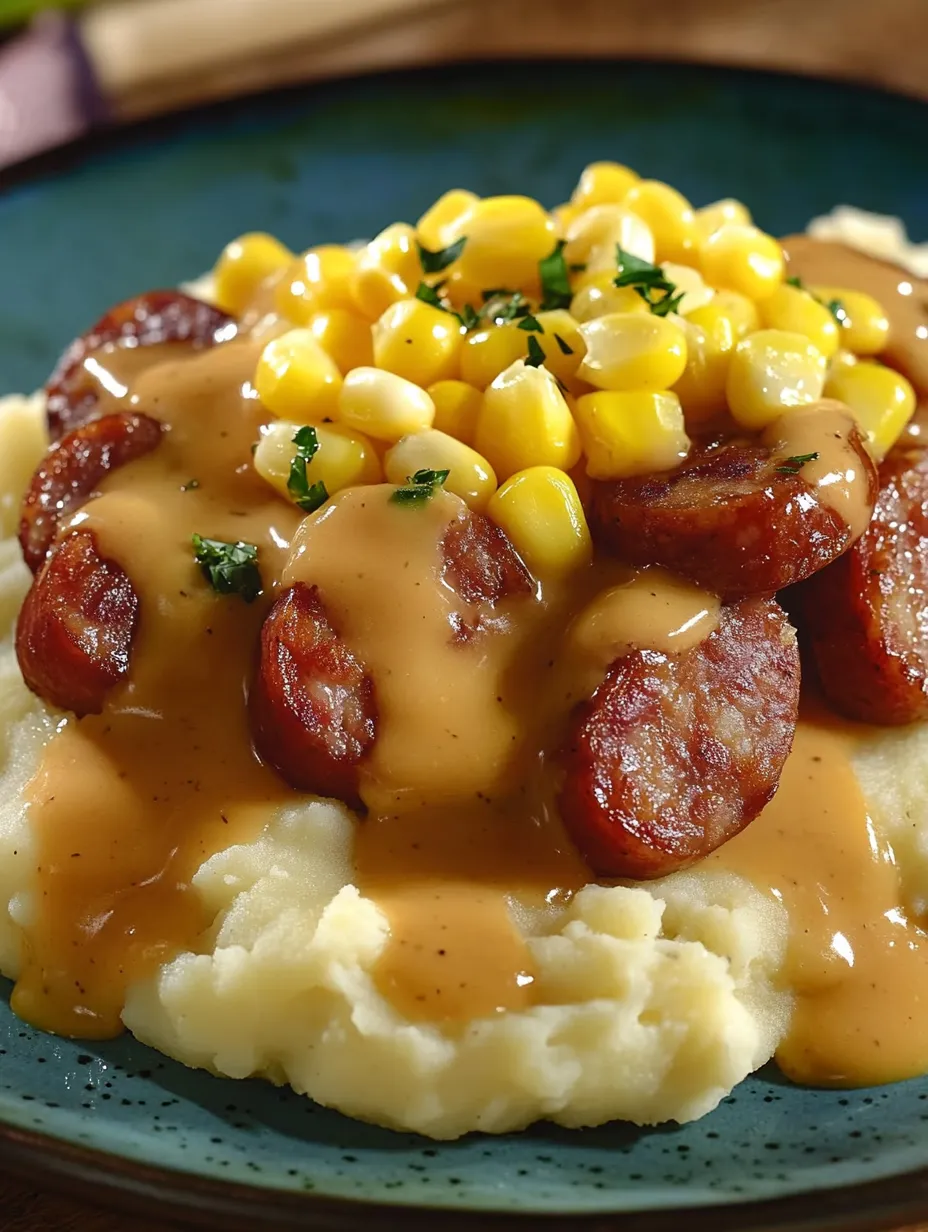A plate of mashed potatoes, sausage, corn, and cheese.