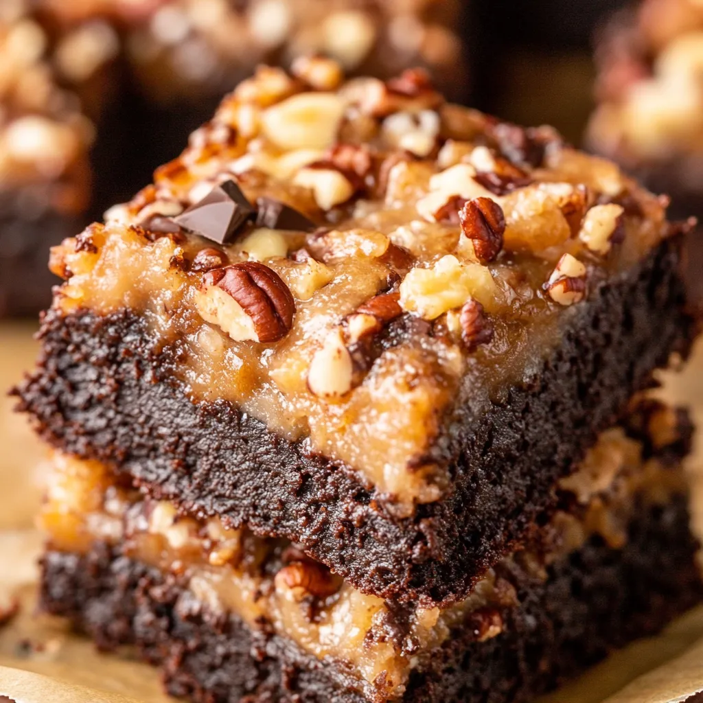 A slice of German chocolate cake with pecans.