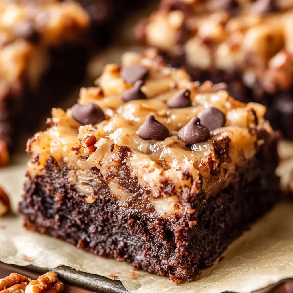 A slice of German chocolate cake with pecans.