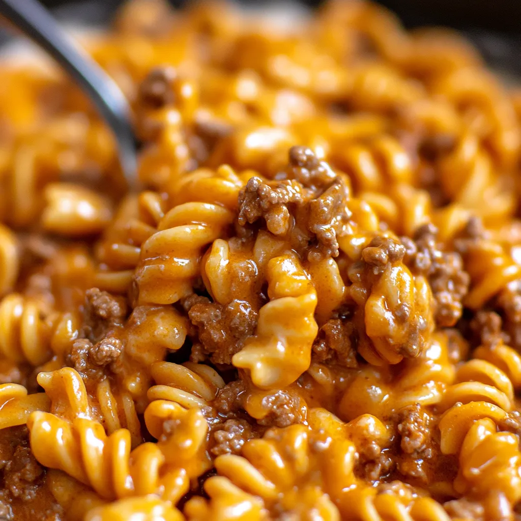 A bowl of pasta with ground beef and cheese.
