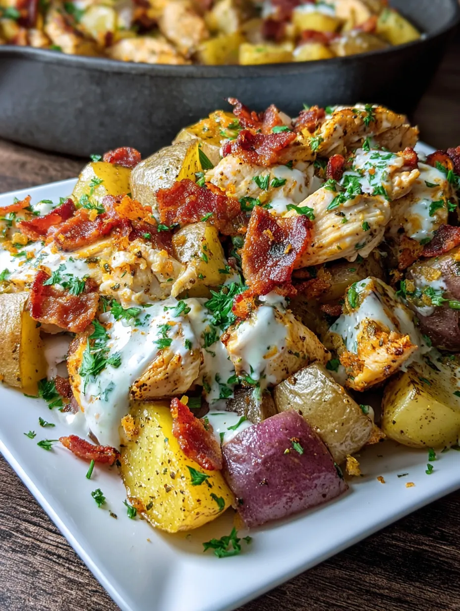 A plate of chicken, turkey, bacon, and loaded potatoes.