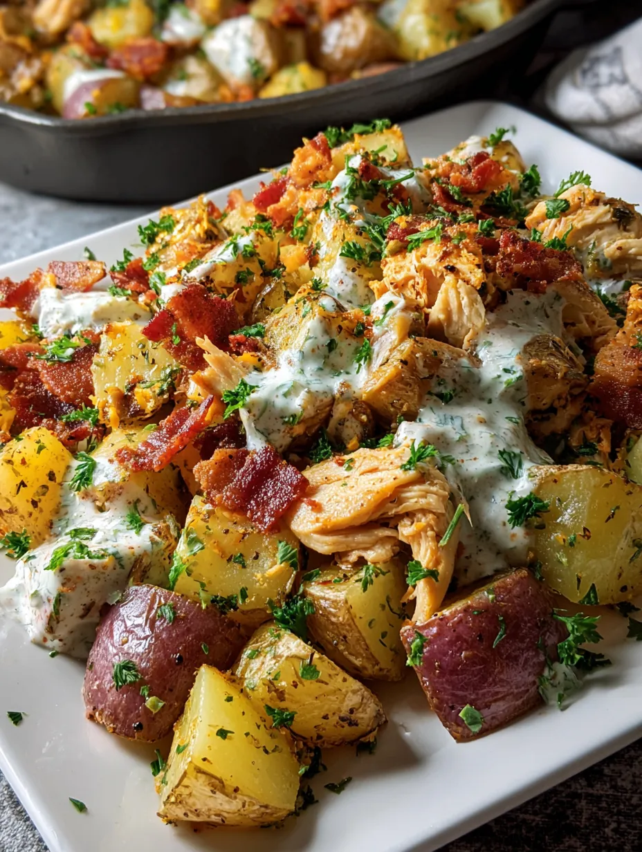 A plate of chicken, turkey, bacon, and loaded potatoes.