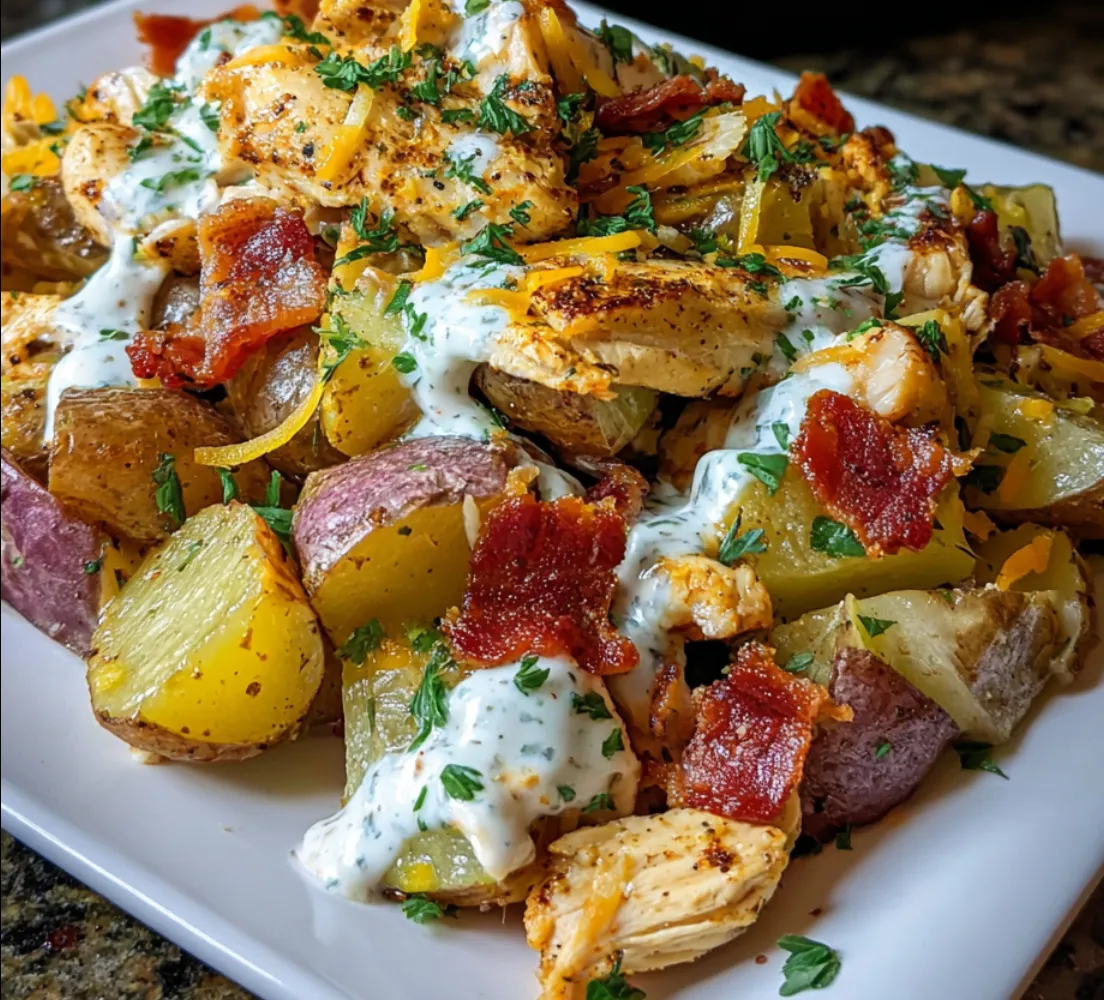 A plate of chicken, turkey, bacon, and loaded potatoes.