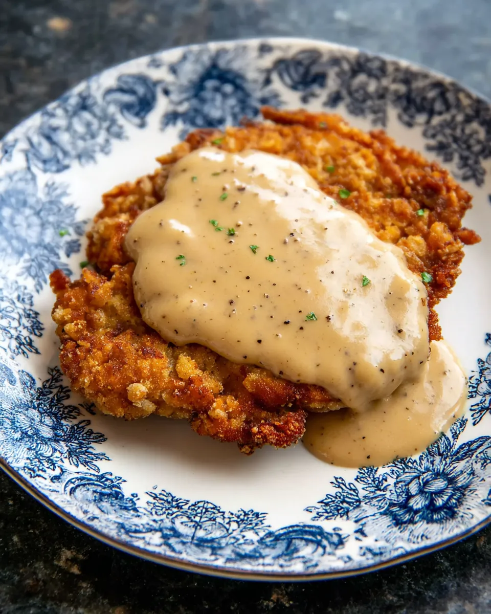 A plate of chicken fried steak with gravy.