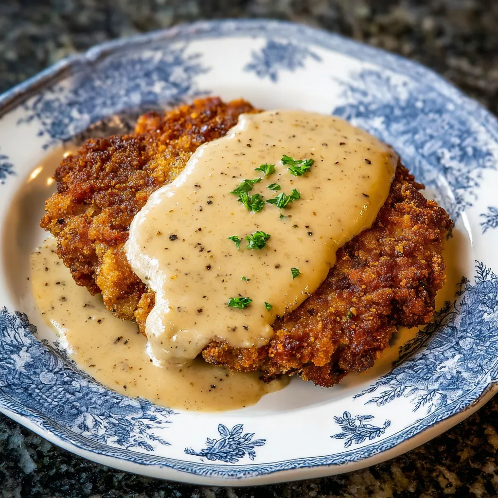 A plate of chicken fried steak with gravy.