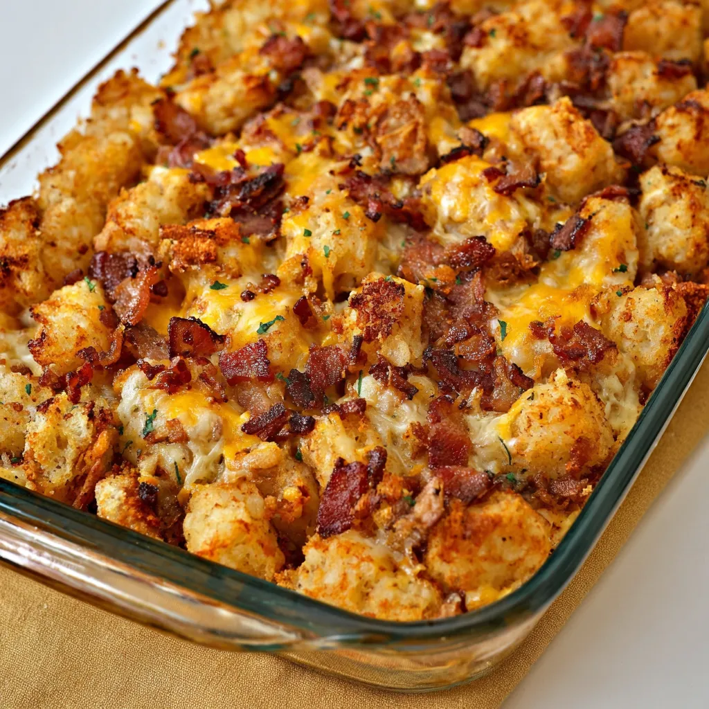 A dish of cracked out chicken tater tot casserole.