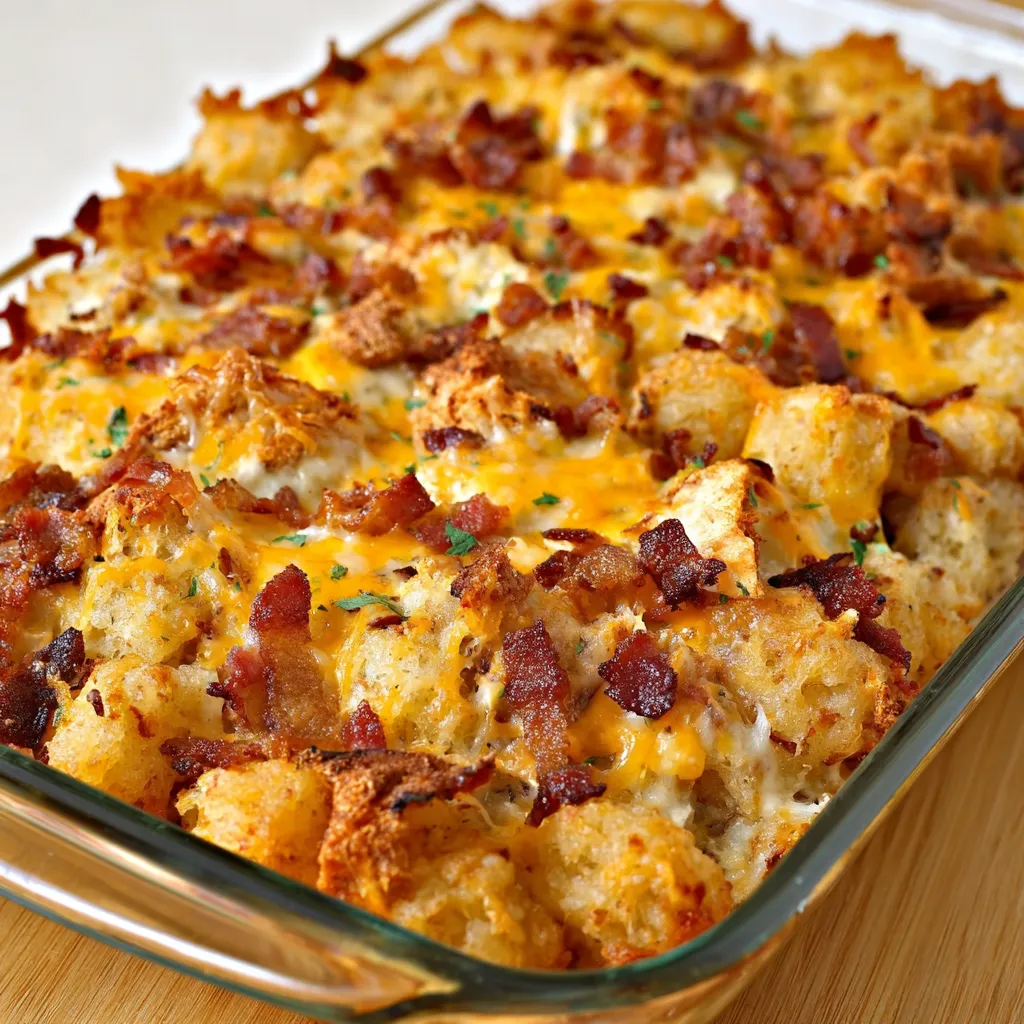A dish of cracked out chicken tater tot casserole.