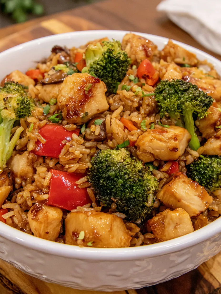 A bowl of rice and chicken with broccoli.