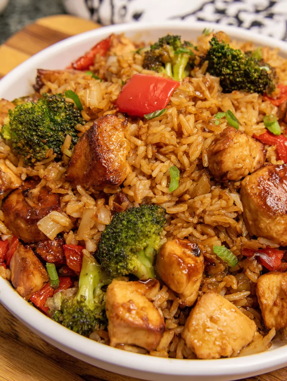 A bowl of rice with chicken and broccoli.