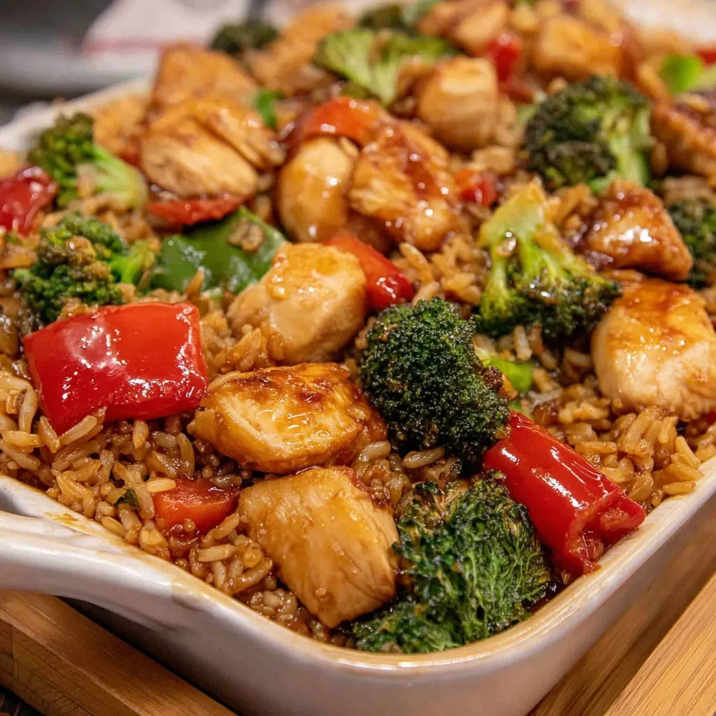 A dish of chicken and broccoli with a brown sauce.