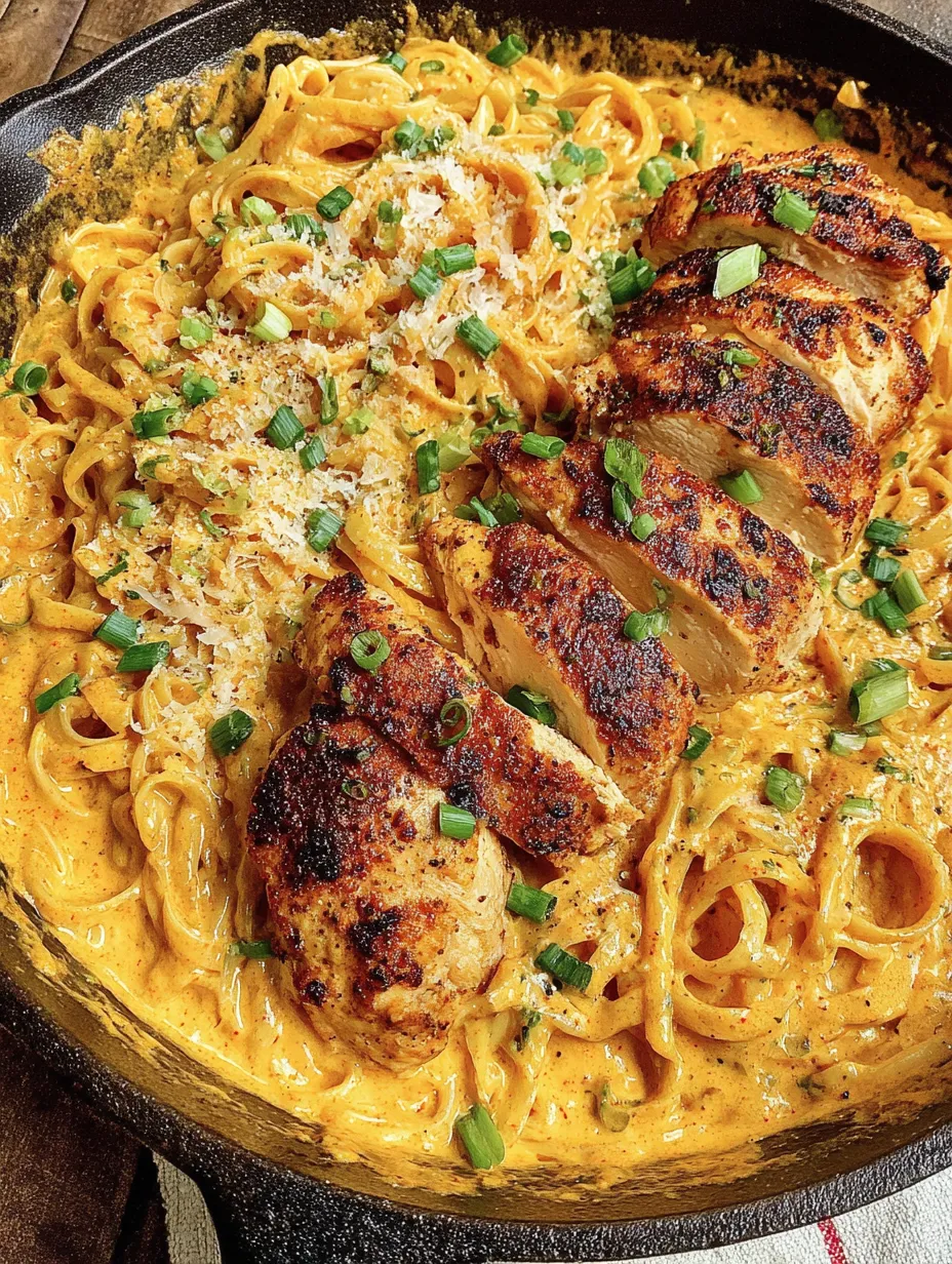 A close up of a delicious looking buffalo one-pot chicken alfredo.