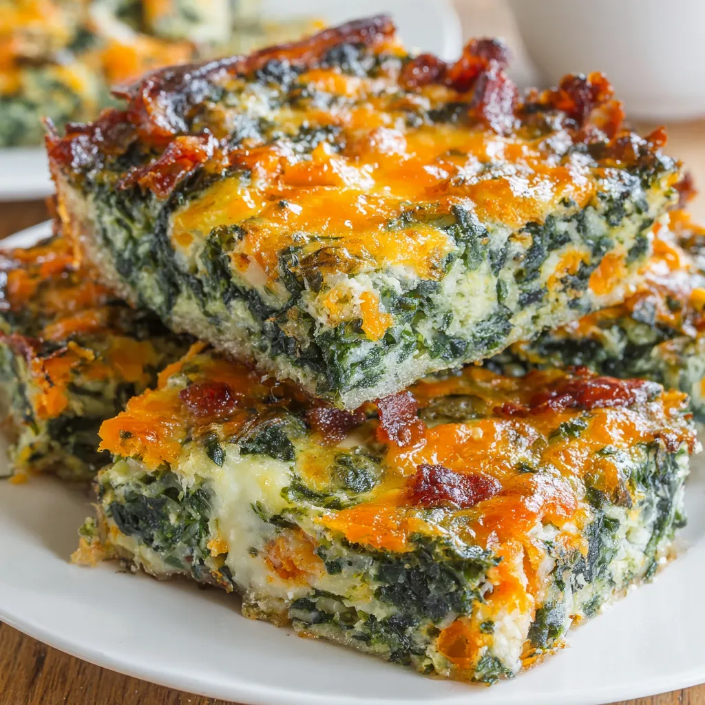 Bacon cheddar spinach squares on a plate.