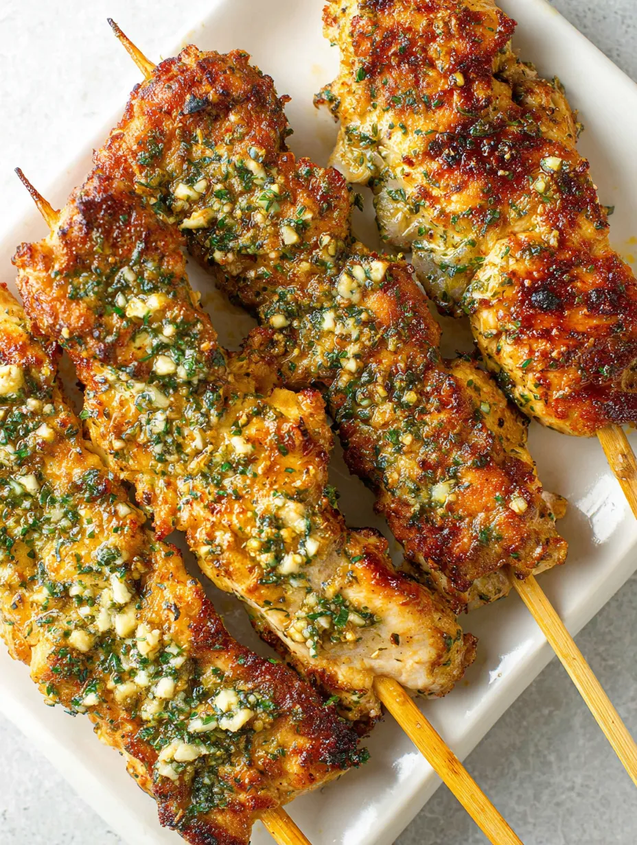 A plate of chicken skewers with a green topping.